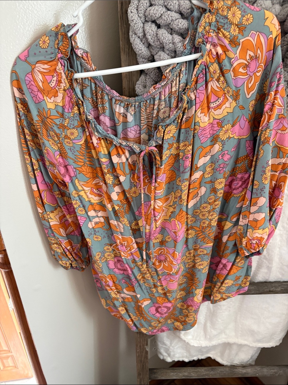 Boho Floral Peasant Blouse in Pink & Orange